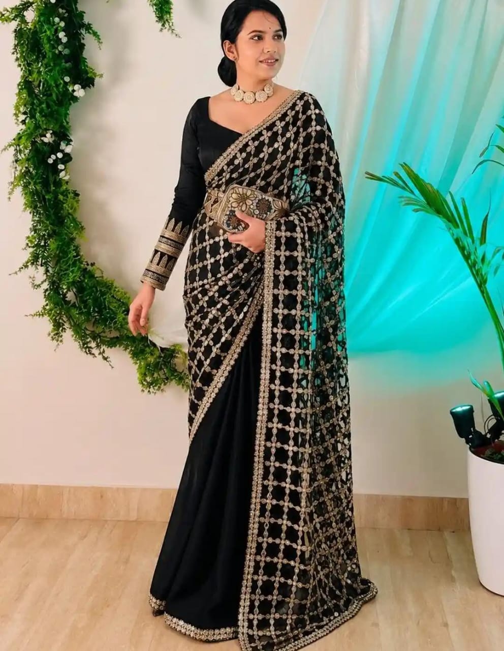 Midnight Black Net Saree with Geometric Grid Embroidery and Satin Pleats