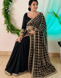 Midnight Black Net Saree with Geometric Grid Embroidery and Satin Pleats