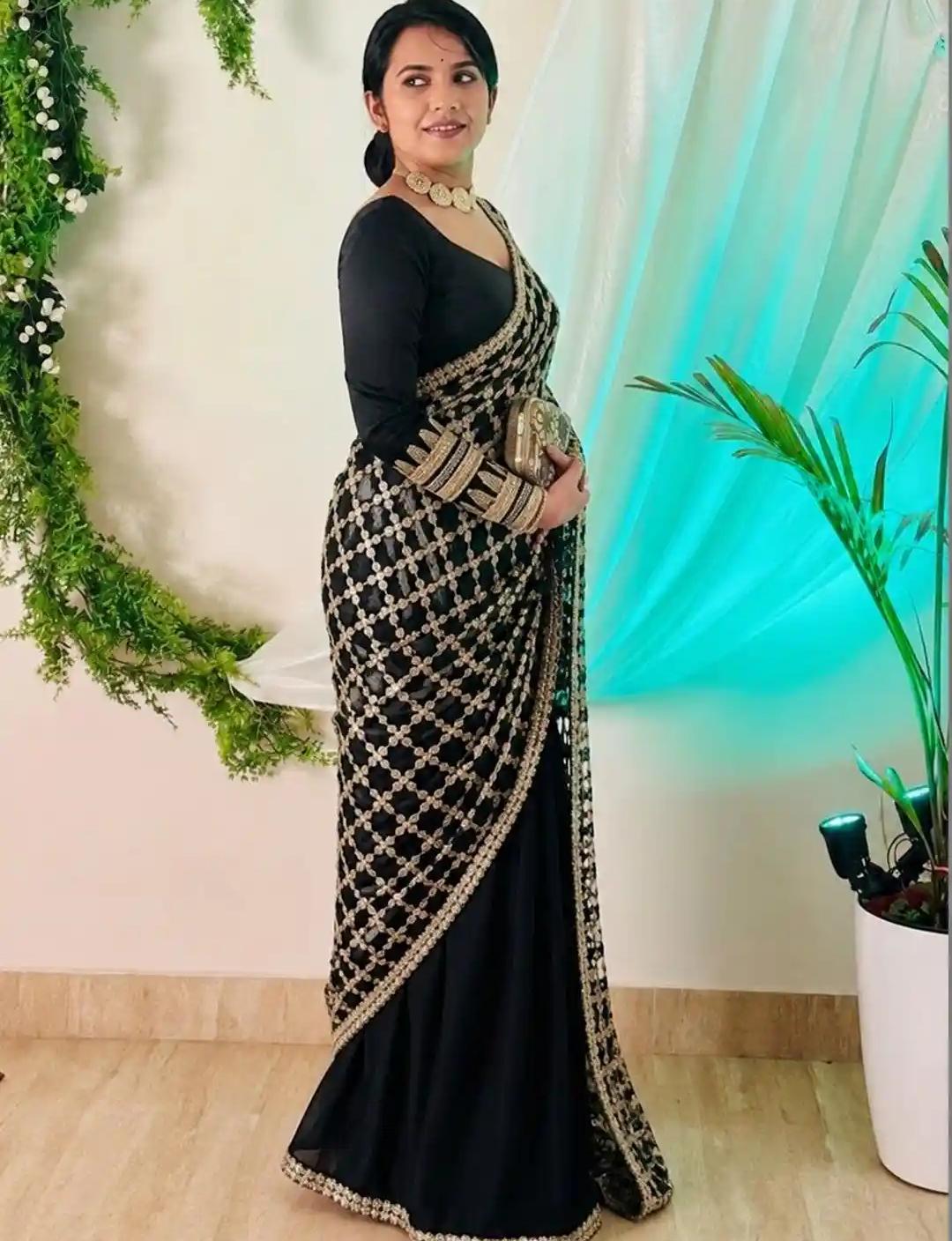 Midnight Black Net Saree with Geometric Grid Embroidery and Satin Pleats