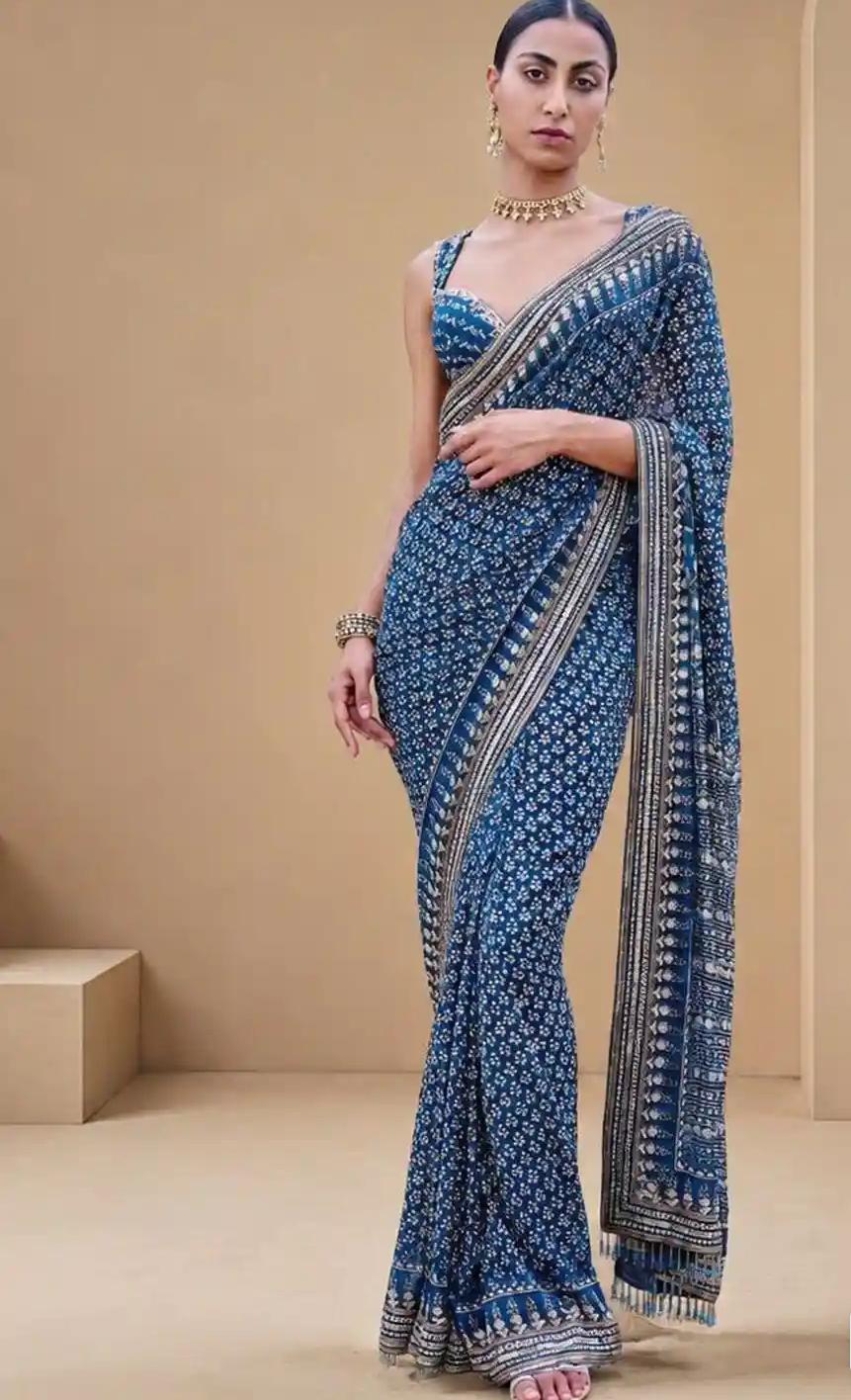Indigo Blue Georgette Micro-Print Saree with Structured Multi-Layer Border