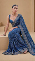 Indigo Blue Georgette Micro-Print Saree with Structured Multi-Layer Border