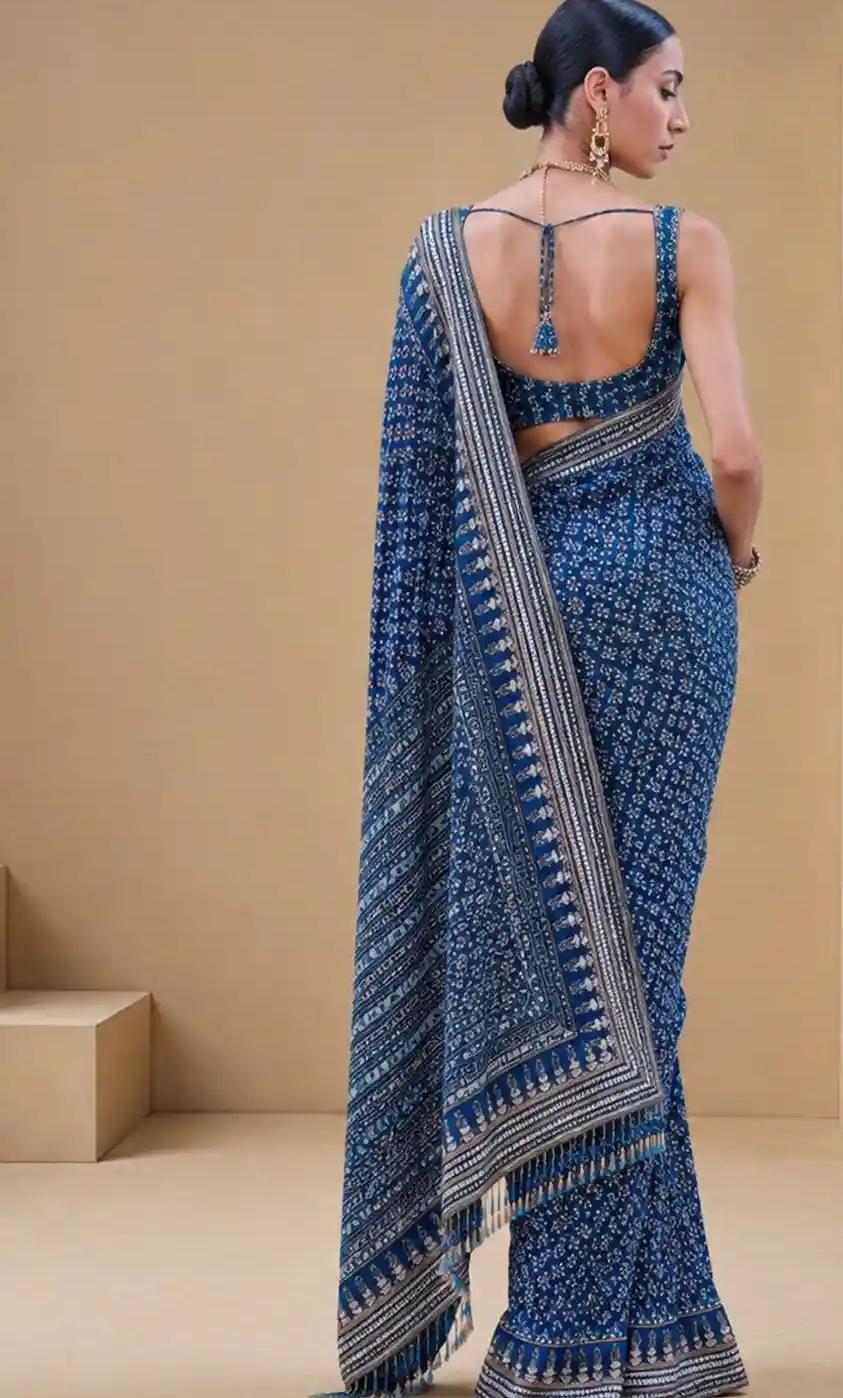 Indigo Blue Georgette Micro-Print Saree with Structured Multi-Layer Border