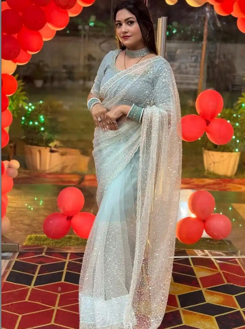 Ice Blue Net Saree with All-Over Shimmering Sequin Bed and Cut-Work Border