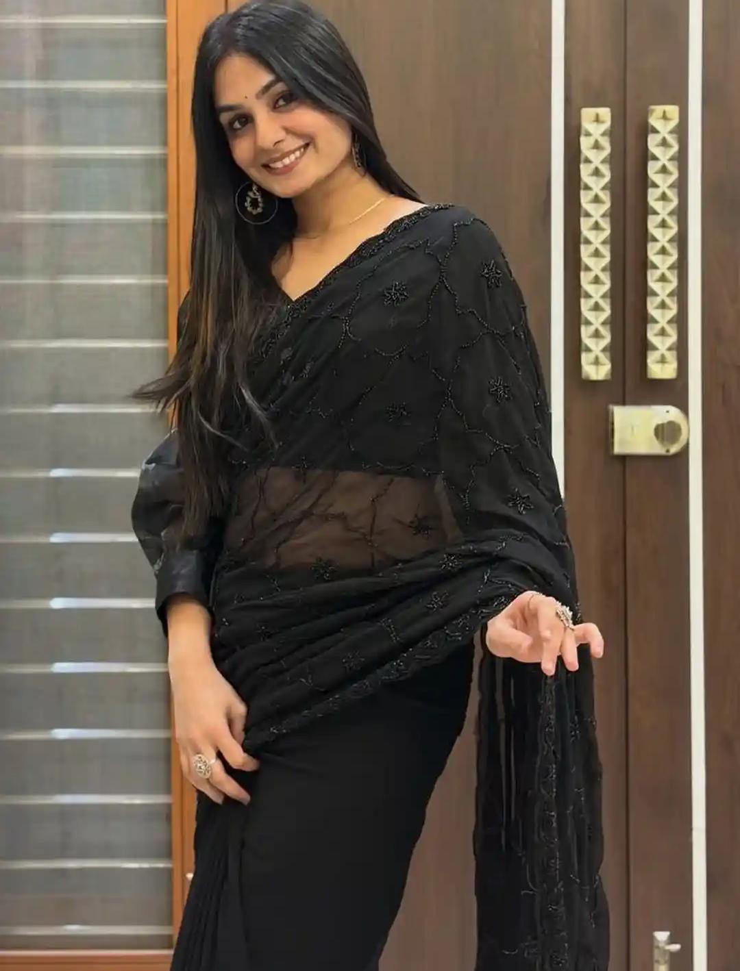 Onyx Black Georgette Saree with Tonal Floral Threadwork and Pearl Blouse Accents
