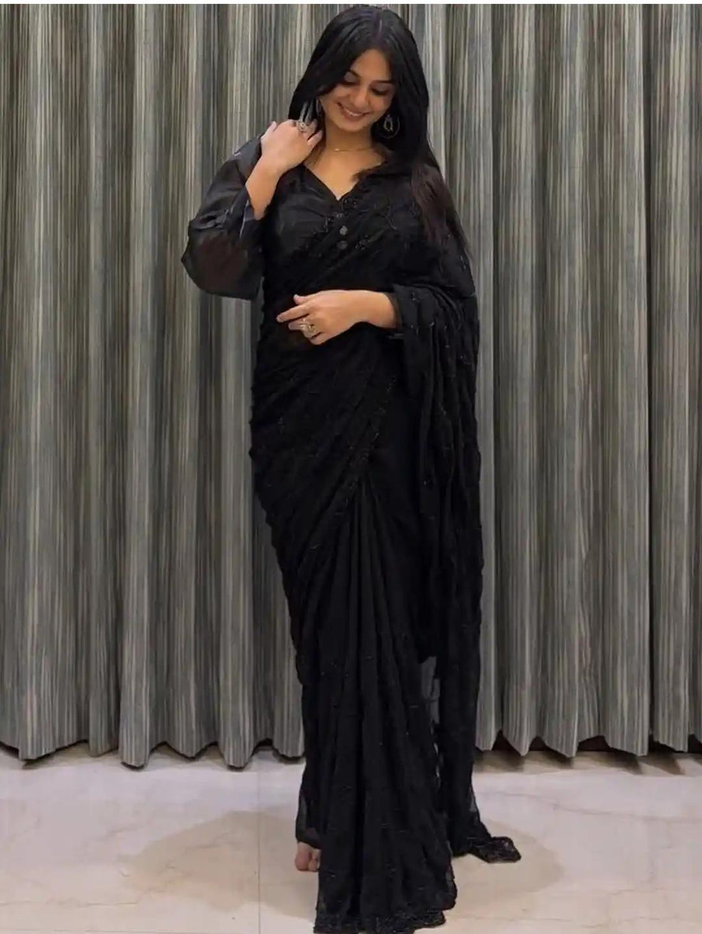 Onyx Black Georgette Saree with Tonal Floral Threadwork and Pearl Blouse Accents