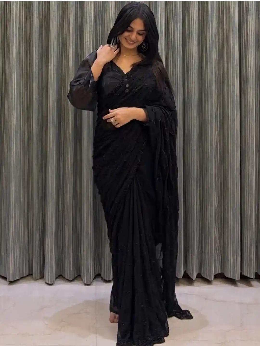 Onyx Black Georgette Saree with Tonal Floral Threadwork and Pearl Blouse Accents
