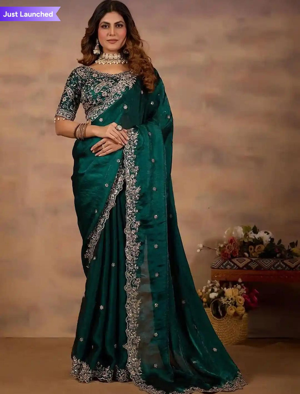 Deep Emerald Green Silk Saree with Rich Scalloped Silver Zardosi Border