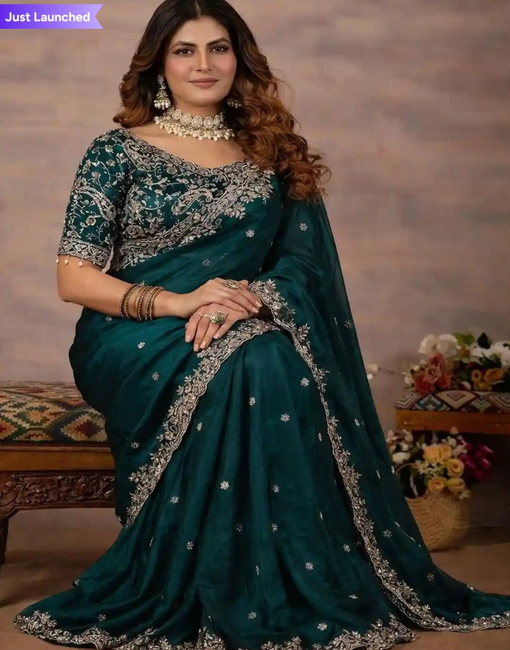 Deep Emerald Green Silk Saree with Rich Scalloped Silver Zardosi Border