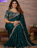 Deep Emerald Green Silk Saree with Rich Scalloped Silver Zardosi Border