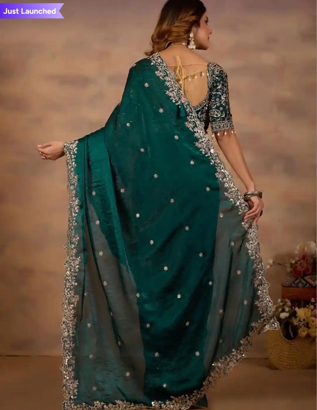 Deep Emerald Green Silk Saree with Rich Scalloped Silver Zardosi Border