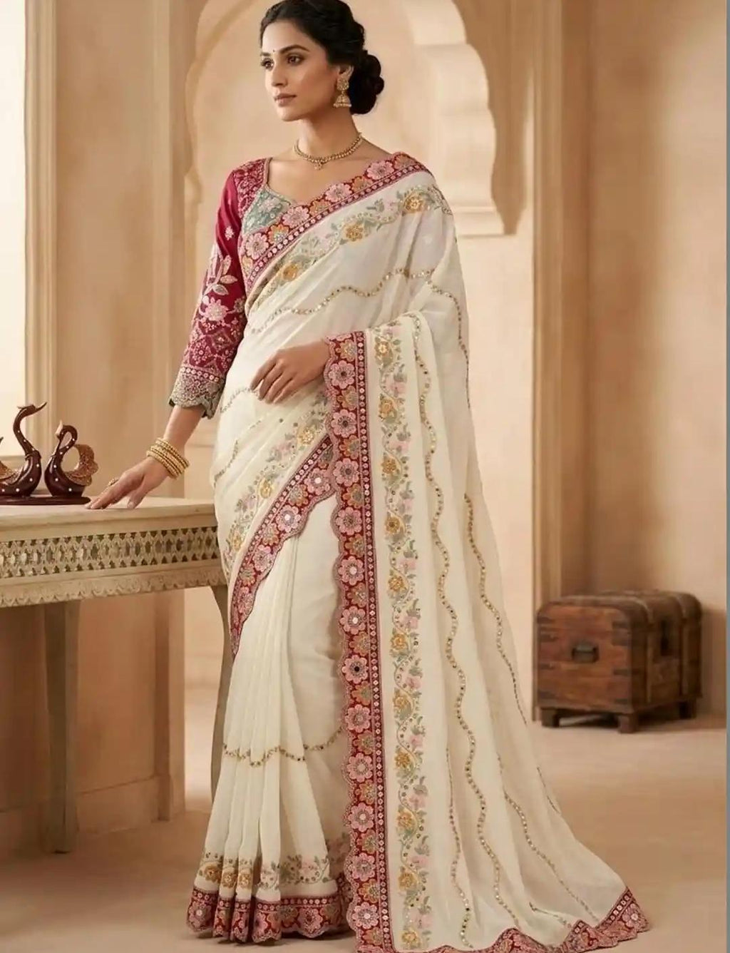 Off-White Georgette Saree with Wine Scalloped Floral Border and Contrast Blouse