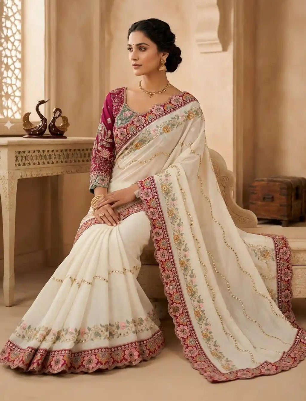 Off-White Georgette Saree with Wine Scalloped Floral Border and Contrast Blouse