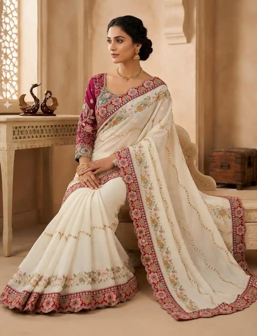 Off-White Georgette Saree with Wine Scalloped Floral Border and Contrast Blouse