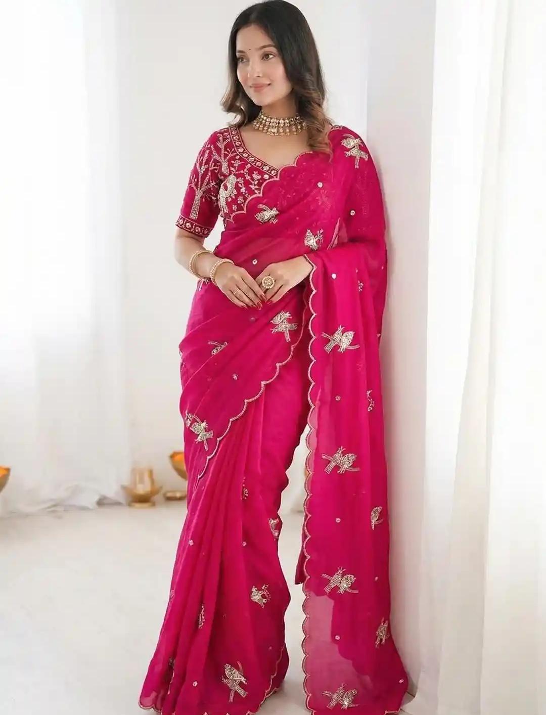 Rani Pink Organza Saree with Whimsical Bird Motifs and Scalloped Hem