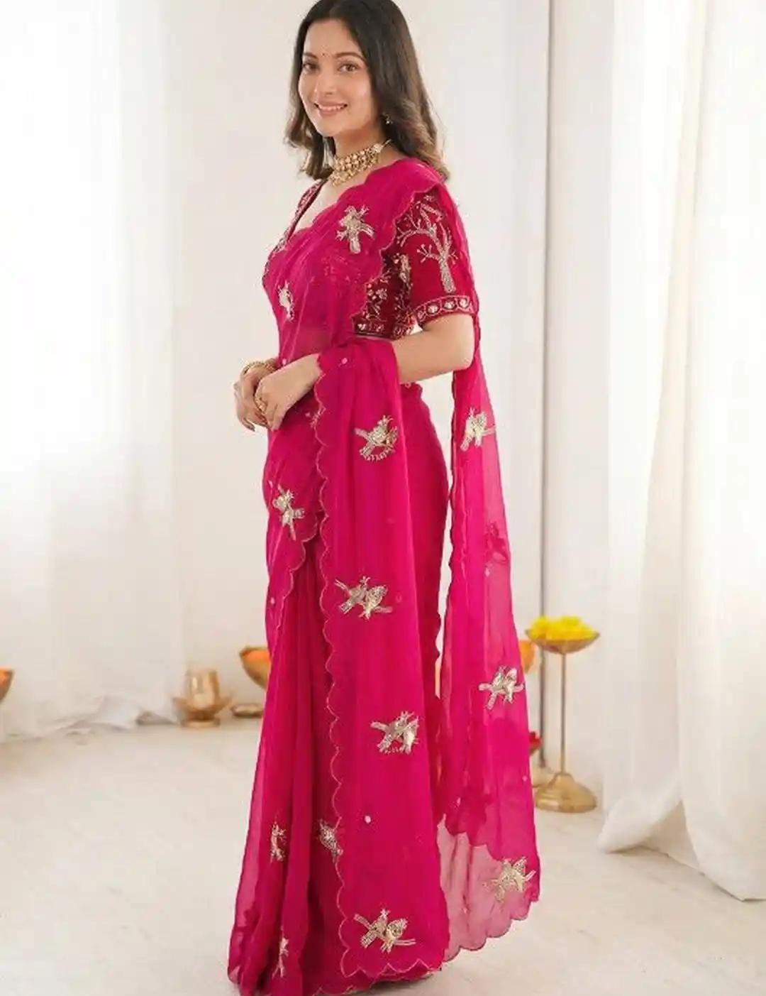Rani Pink Organza Saree with Whimsical Bird Motifs and Scalloped Hem