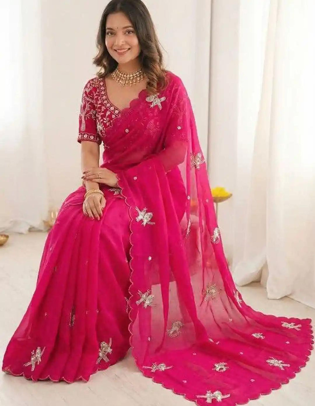 Rani Pink Organza Saree with Whimsical Bird Motifs and Scalloped Hem
