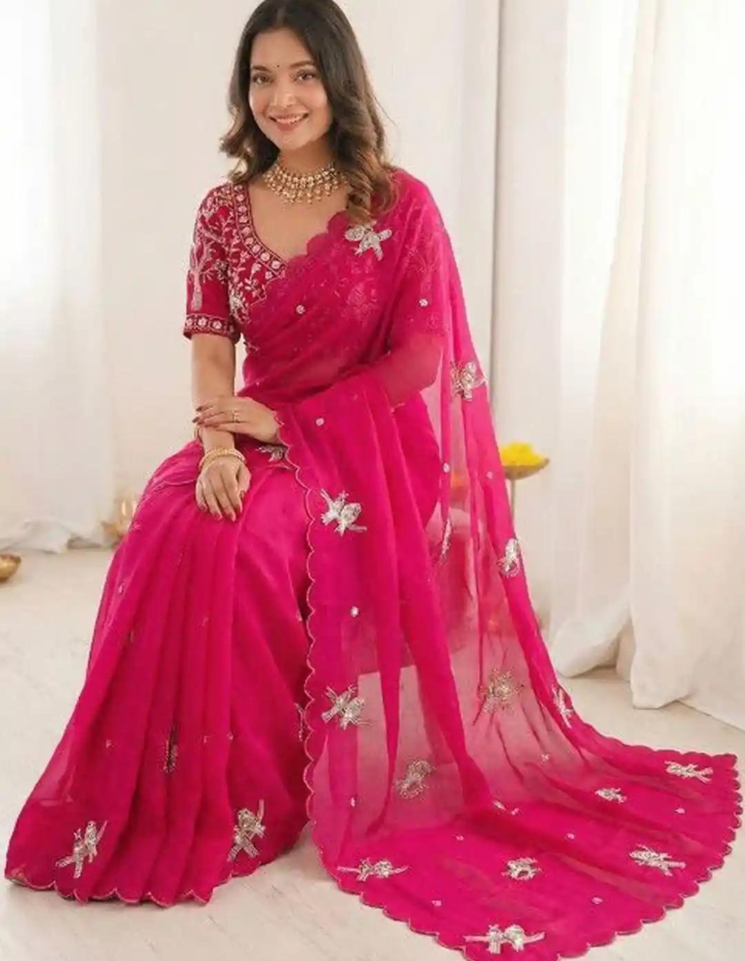Rani Pink Organza Saree with Whimsical Bird Motifs and Scalloped Hem
