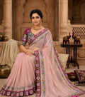 Powder Pink Georgette Saree with Wine Scalloped Floral Border and Contrast Velvet Blouse