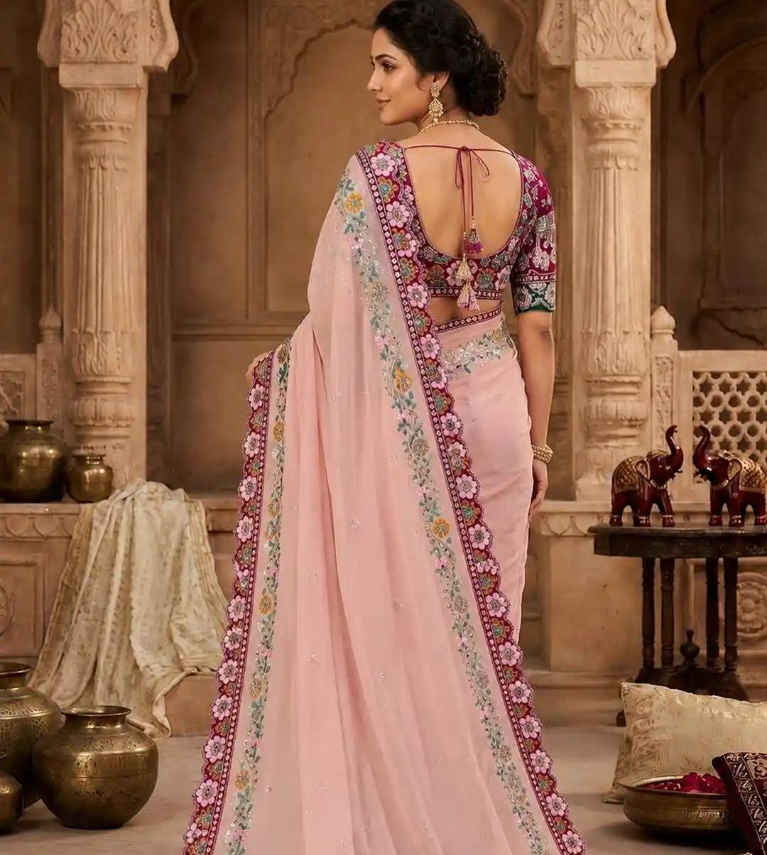 Powder Pink Georgette Saree with Wine Scalloped Floral Border and Contrast Velvet Blouse