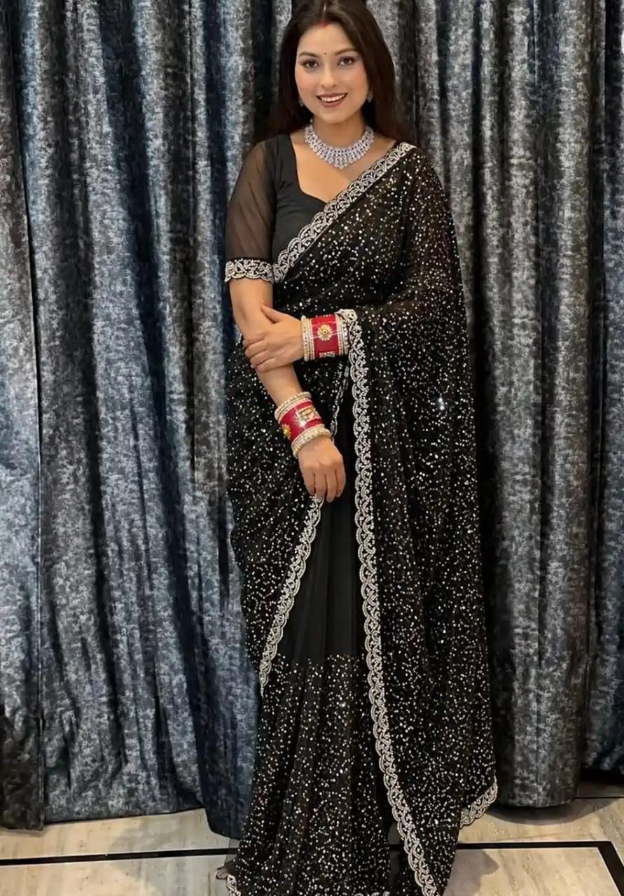 Jet Black Chiffon Saree with Stardust Sequin Spray and Scalloped Silver Border