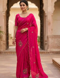 Crimson Rani Pink Chiffon Saree with Delicate Gold Scalloped Trim and Floral Butis