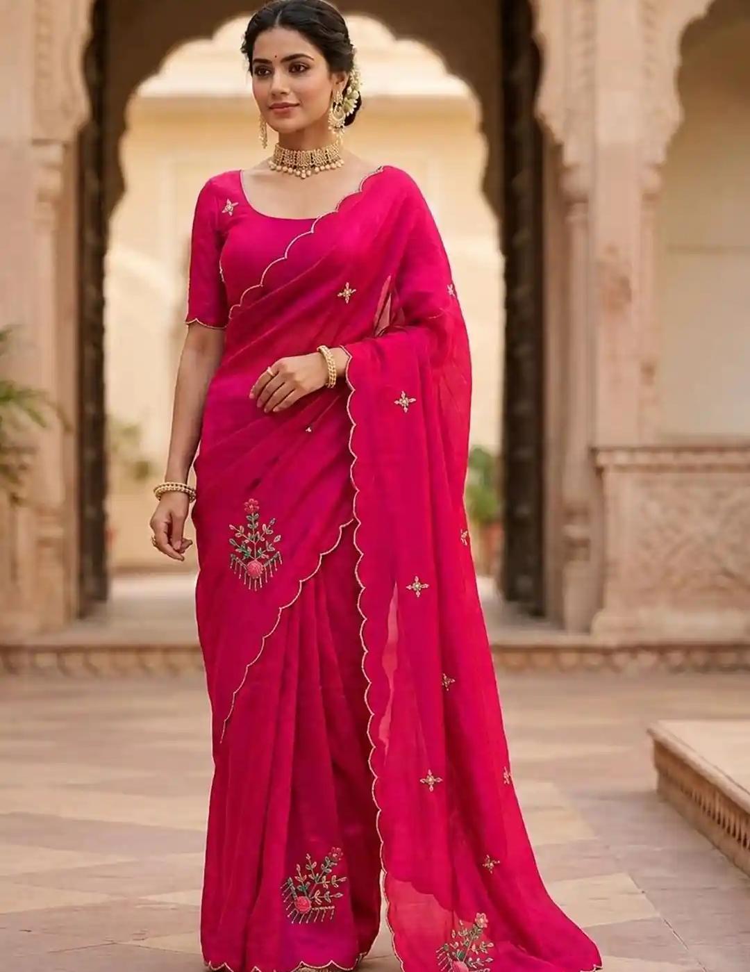 Crimson Rani Pink Chiffon Saree with Delicate Gold Scalloped Trim and Floral Butis