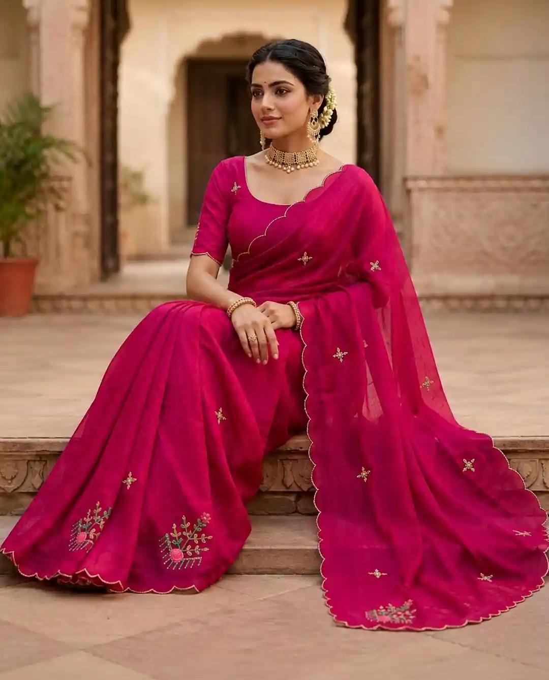 Crimson Rani Pink Chiffon Saree with Delicate Gold Scalloped Trim and Floral Butis