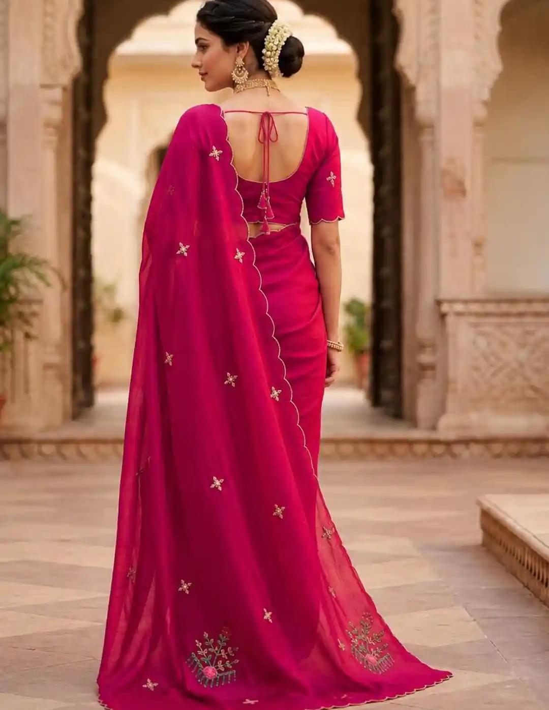 Crimson Rani Pink Chiffon Saree with Delicate Gold Scalloped Trim and Floral Butis