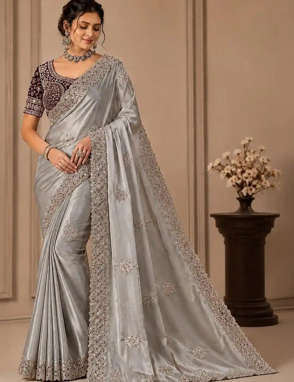 Metallic Silver-Grey Raw Silk Saree with Encrusted Cut-Work Mirror Border