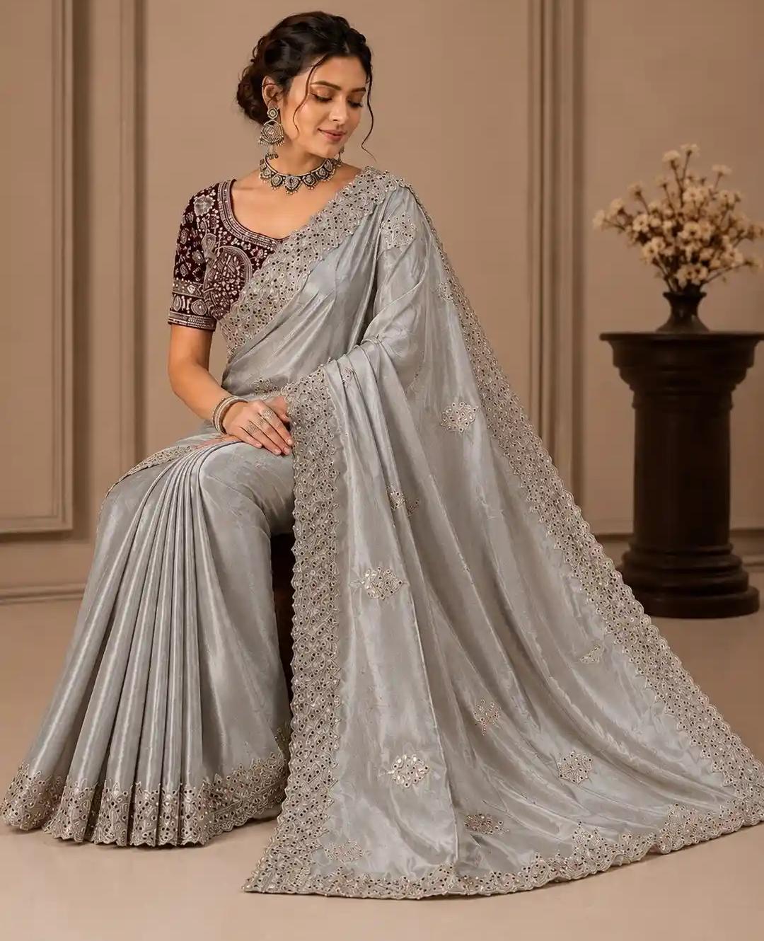 Metallic Silver-Grey Raw Silk Saree with Encrusted Cut-Work Mirror Border