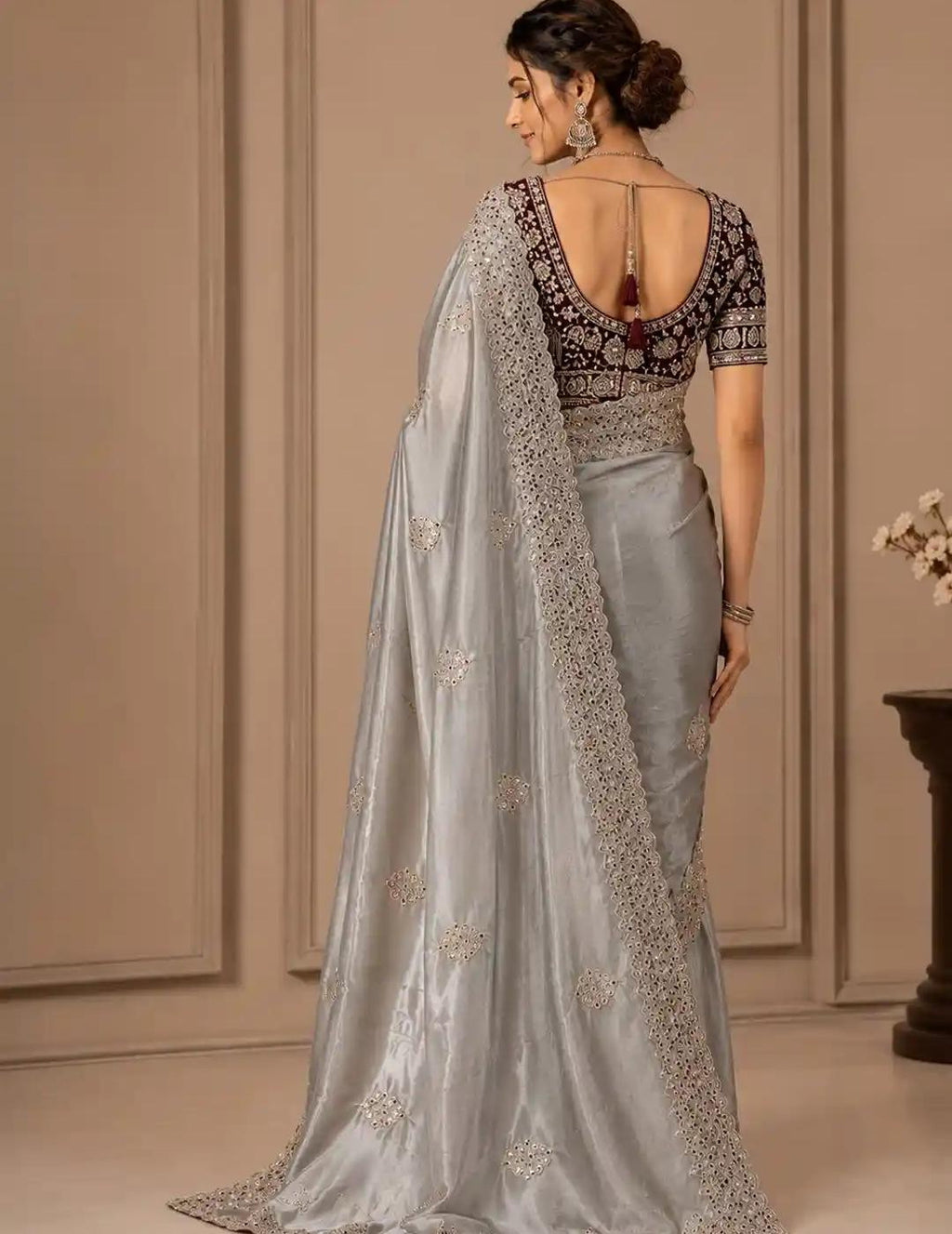 Metallic Silver-Grey Raw Silk Saree with Encrusted Cut-Work Mirror Border