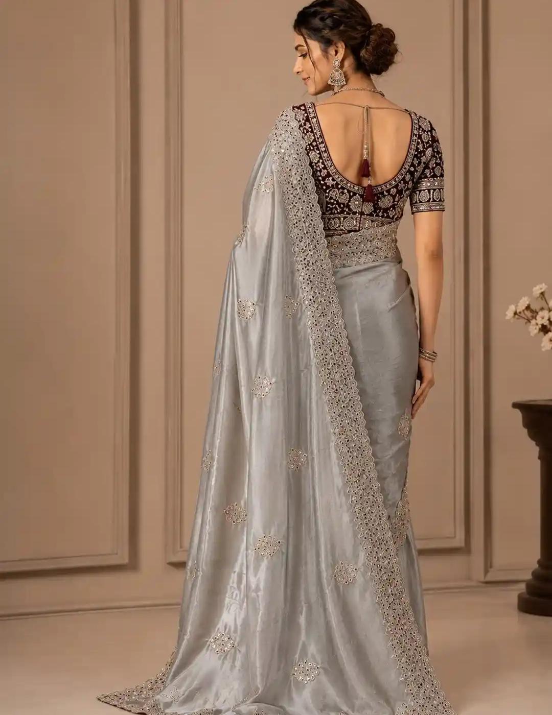 Metallic Silver-Grey Raw Silk Saree with Encrusted Cut-Work Mirror Border