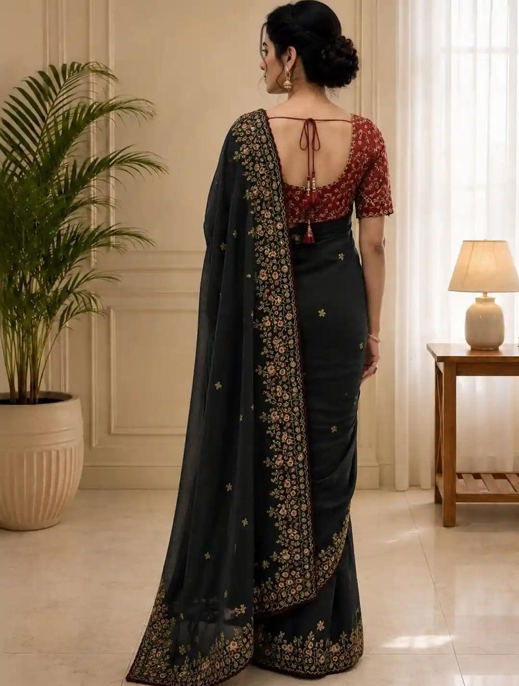 Charcoal Black Raw Silk Saree with Rich Floral Vine Embroidery and Contrast Printed Blouse