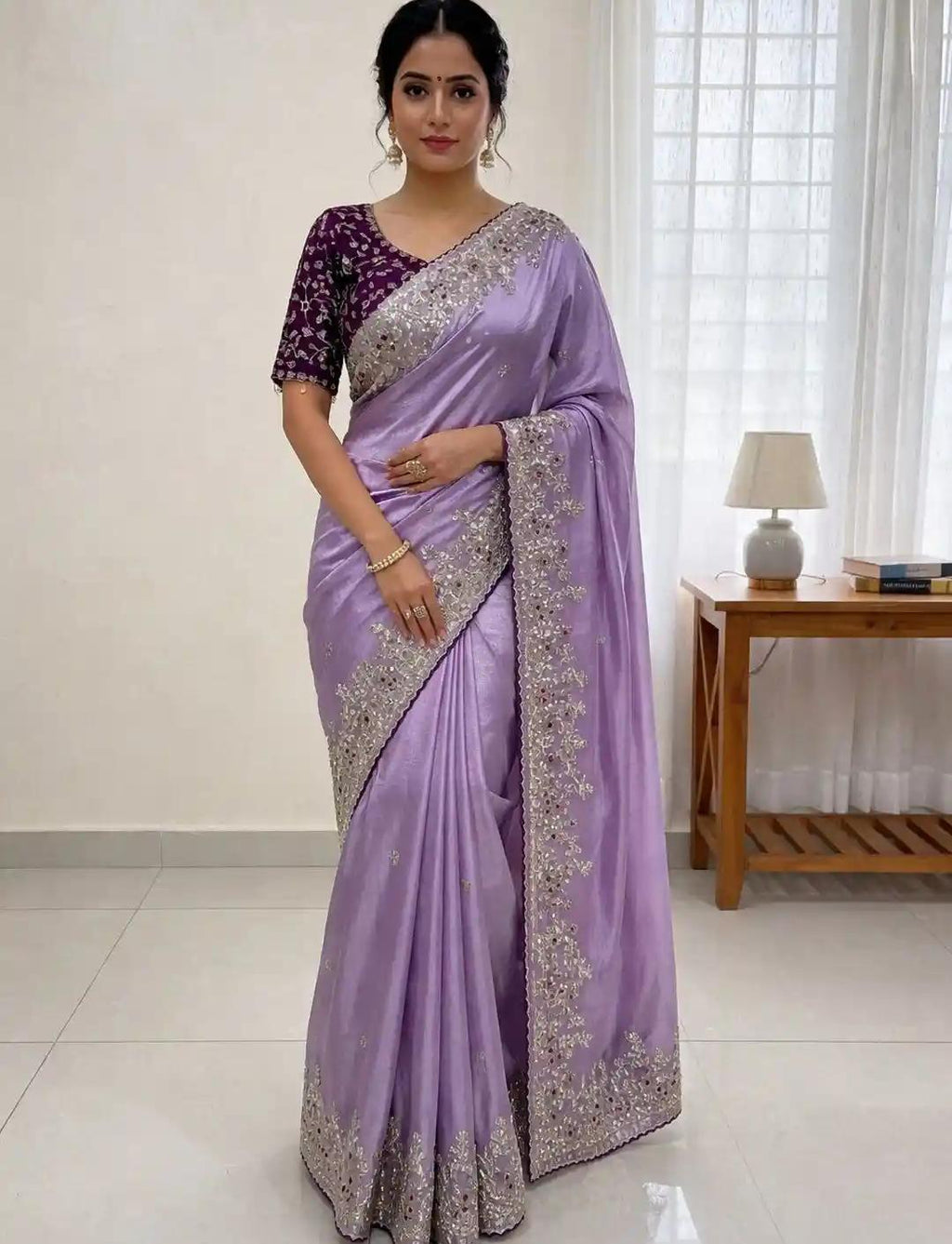 Twilight Lavender Tissue Silk Saree with Intricate Silver Zari and Mirror Trim