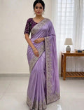 Twilight Lavender Tissue Silk Saree with Intricate Silver Zari and Mirror Trim