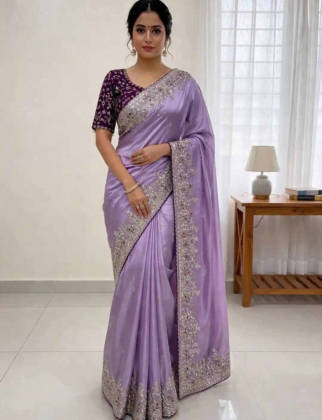 Twilight Lavender Tissue Silk Saree with Intricate Silver Zari and Mirror Trim