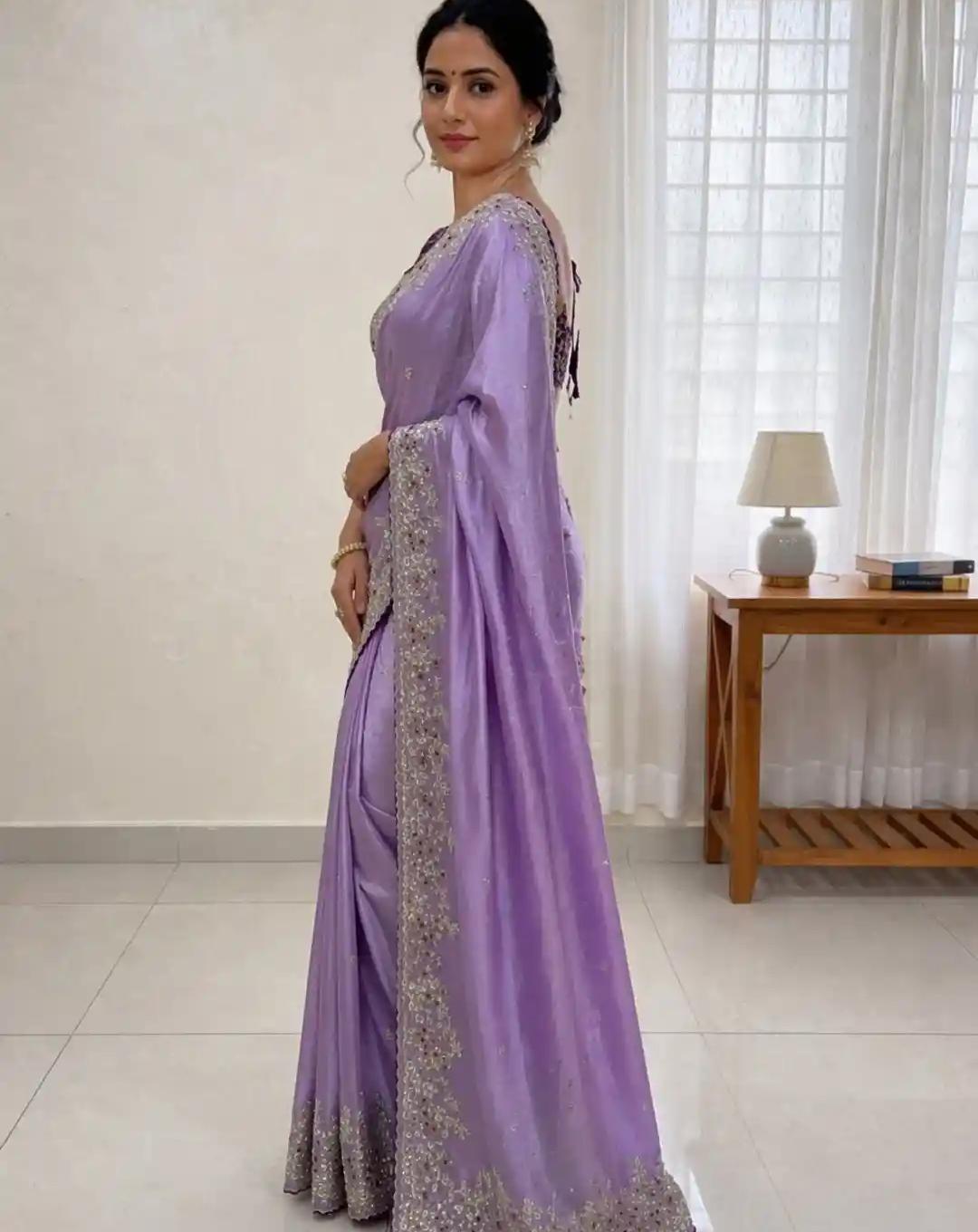 Twilight Lavender Tissue Silk Saree with Intricate Silver Zari and Mirror Trim