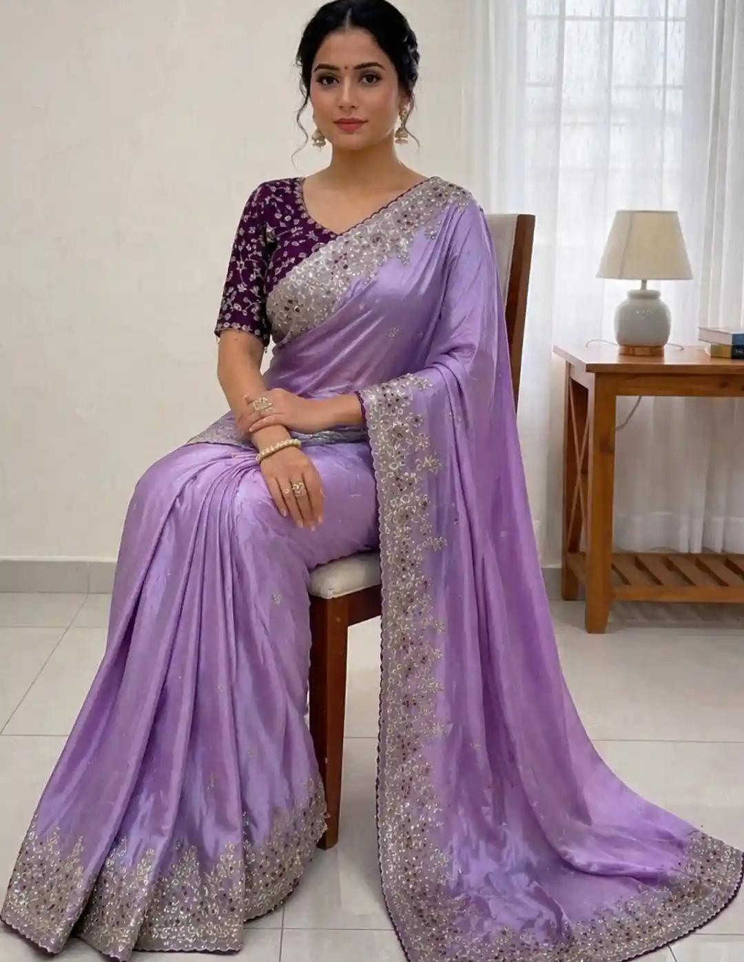 Twilight Lavender Tissue Silk Saree with Intricate Silver Zari and Mirror Trim