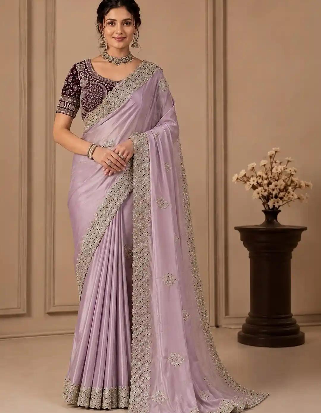 Orchid Pink Raw Silk Saree with Scalloped Silver Embroidery and Velvet Blouse