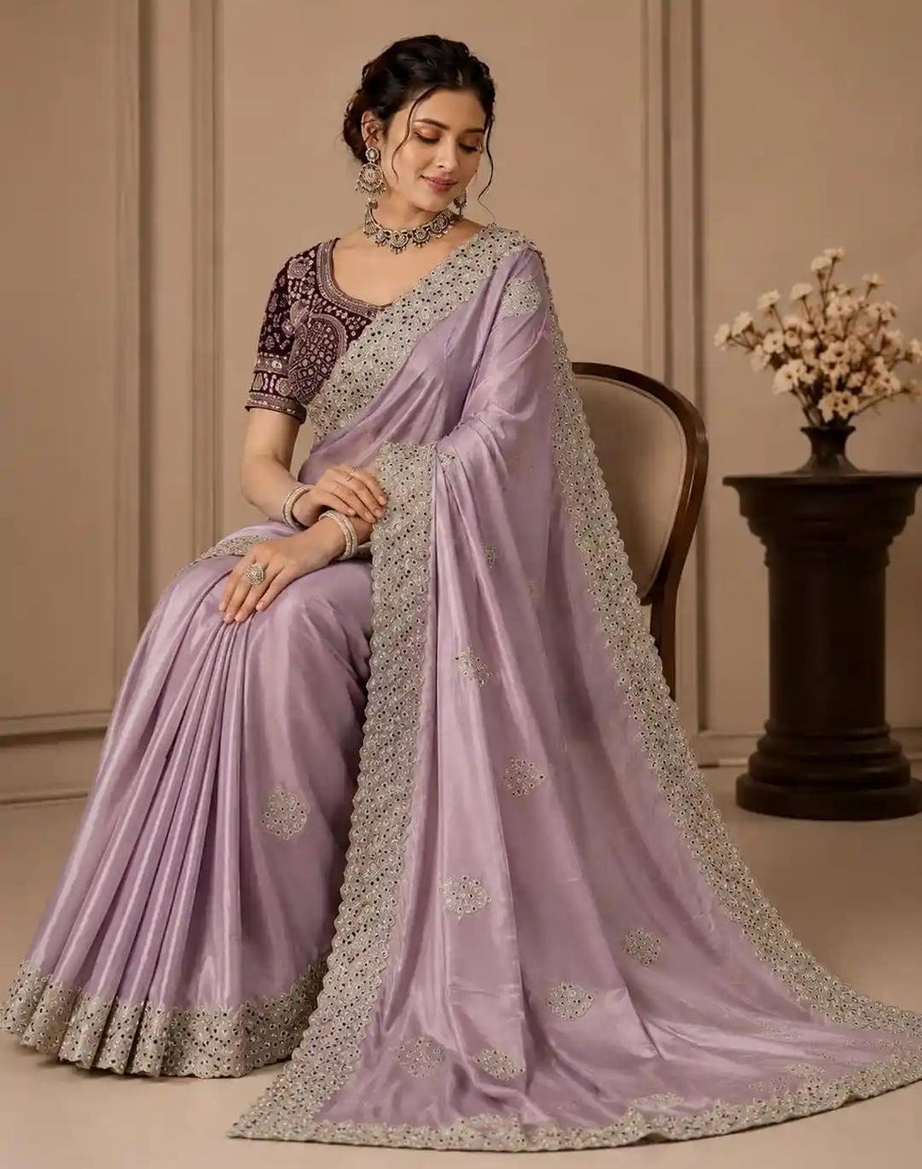 Orchid Pink Raw Silk Saree with Scalloped Silver Embroidery and Velvet Blouse
