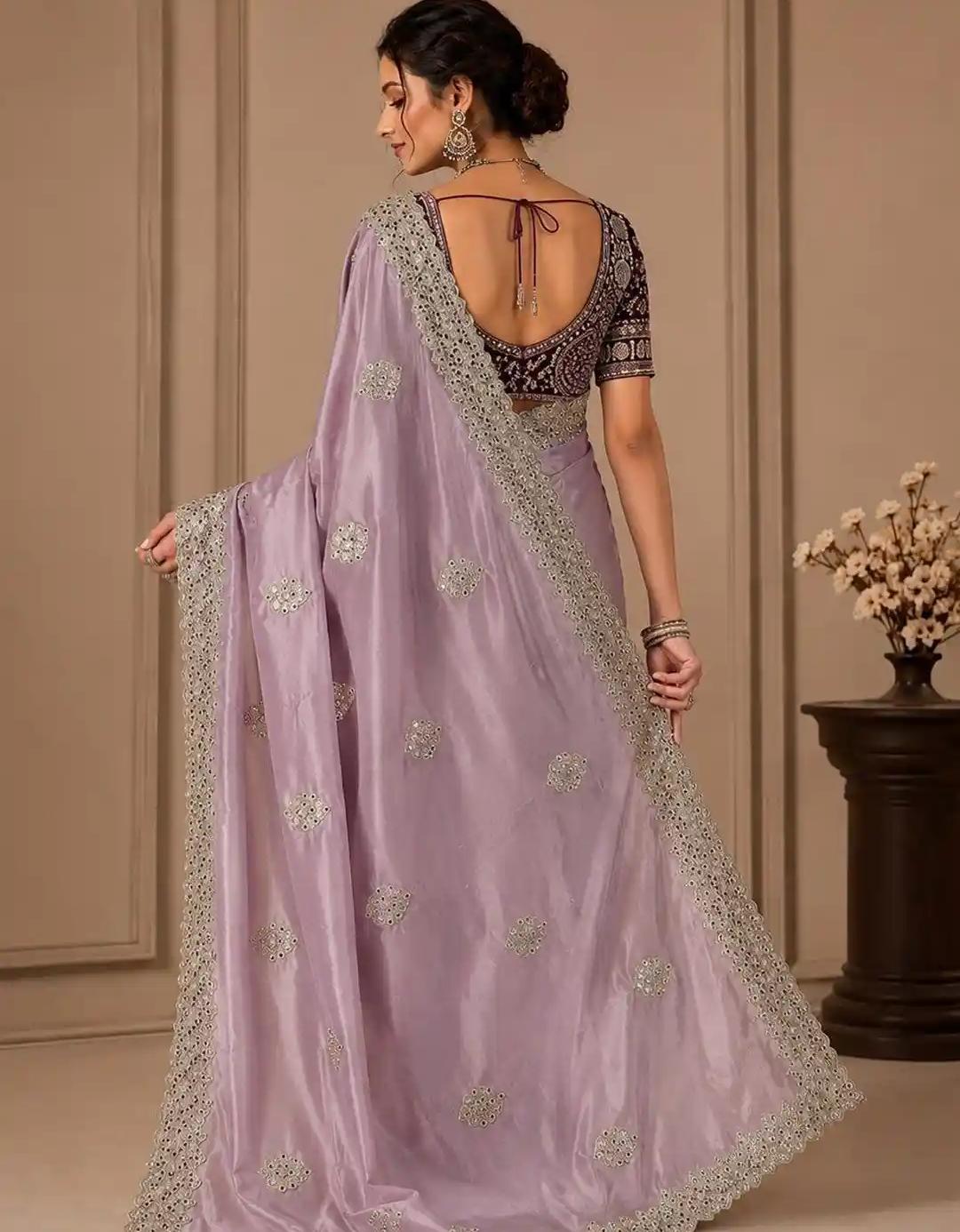 Orchid Pink Raw Silk Saree with Scalloped Silver Embroidery and Velvet Blouse