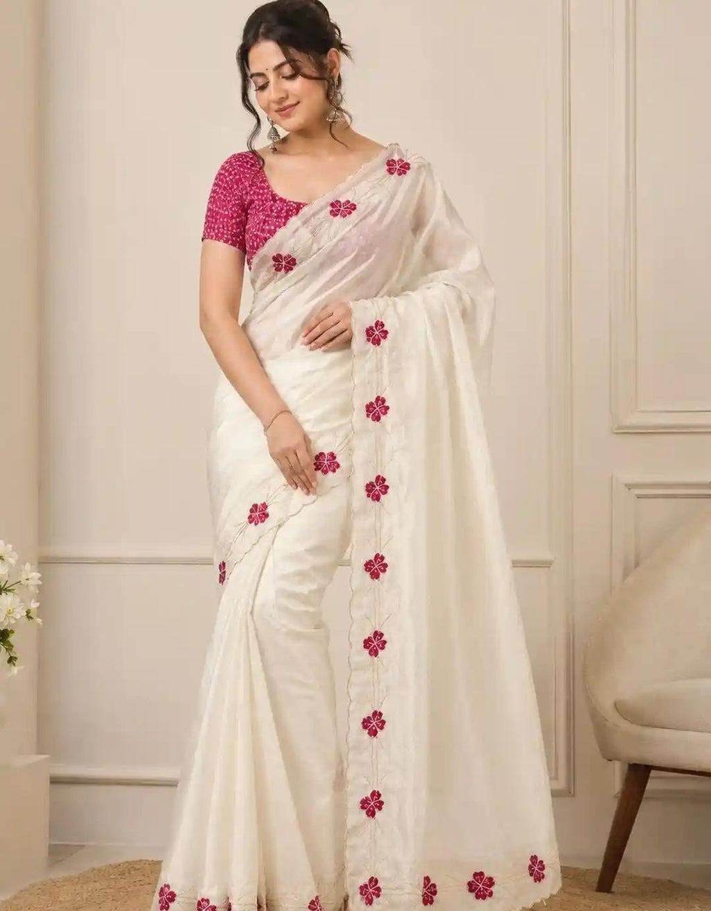 Pristine Ivory Organza Saree with Scalloped Border and Berry-Red Floral Appliqués