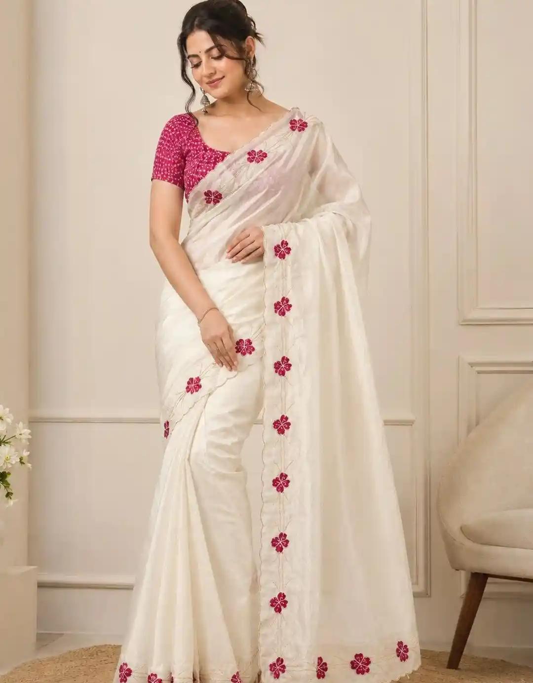 Pristine Ivory Organza Saree with Scalloped Border and Berry-Red Floral Appliqués