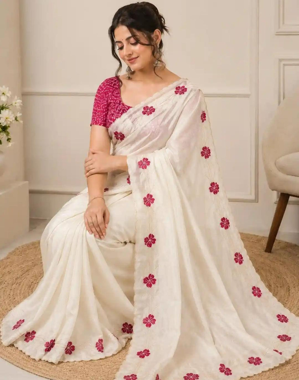 Pristine Ivory Organza Saree with Scalloped Border and Berry-Red Floral Appliqués
