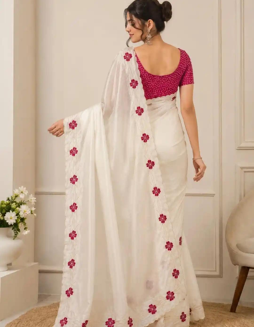 Pristine Ivory Organza Saree with Scalloped Border and Berry-Red Floral Appliqués