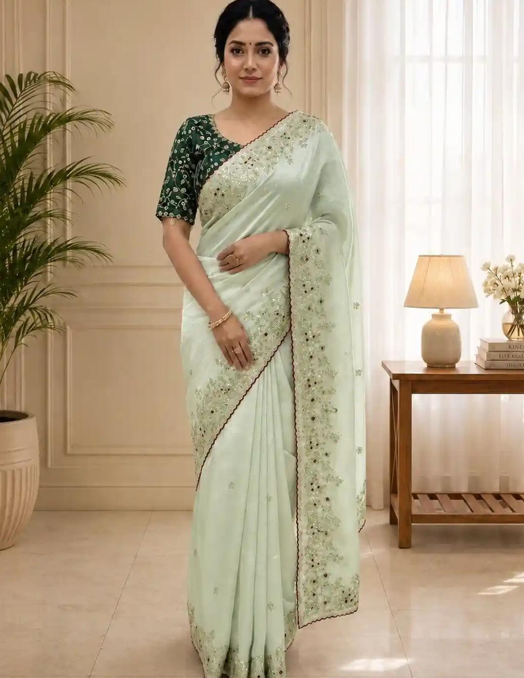 Seafoam Mint Green Silk Saree with Intricate Floral Vines and Mirror-Work Trim