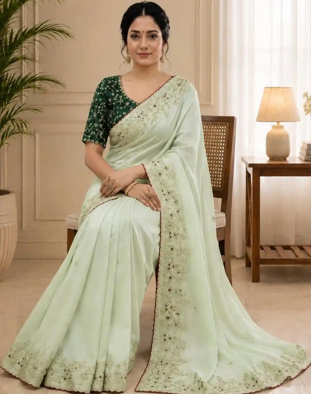 Seafoam Mint Green Silk Saree with Intricate Floral Vines and Mirror-Work Trim