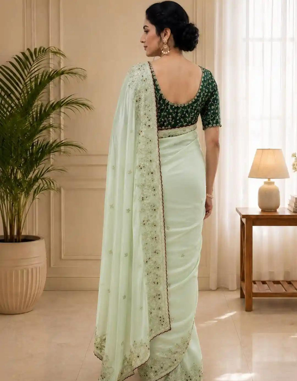Seafoam Mint Green Silk Saree with Intricate Floral Vines and Mirror-Work Trim