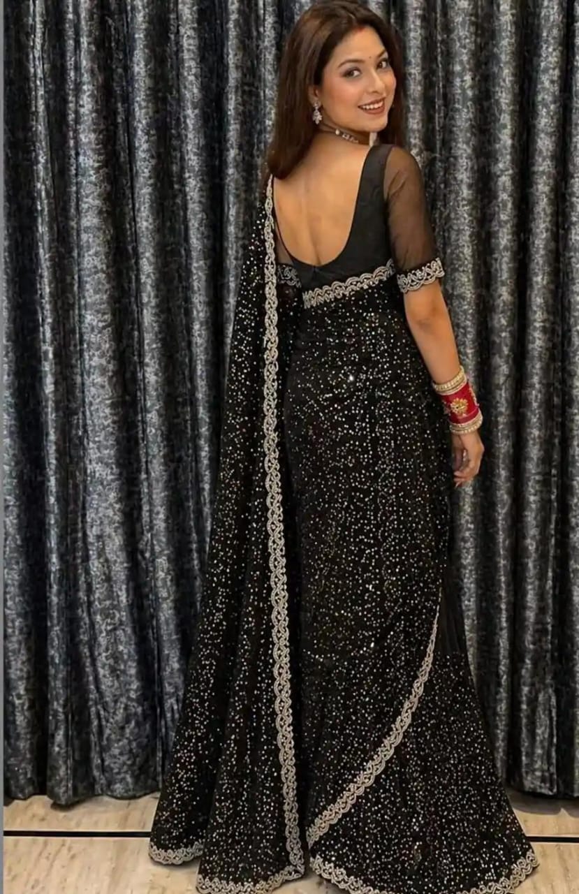 Jet Black Chiffon Saree with Stardust Sequin Spray and Scalloped Silver Border