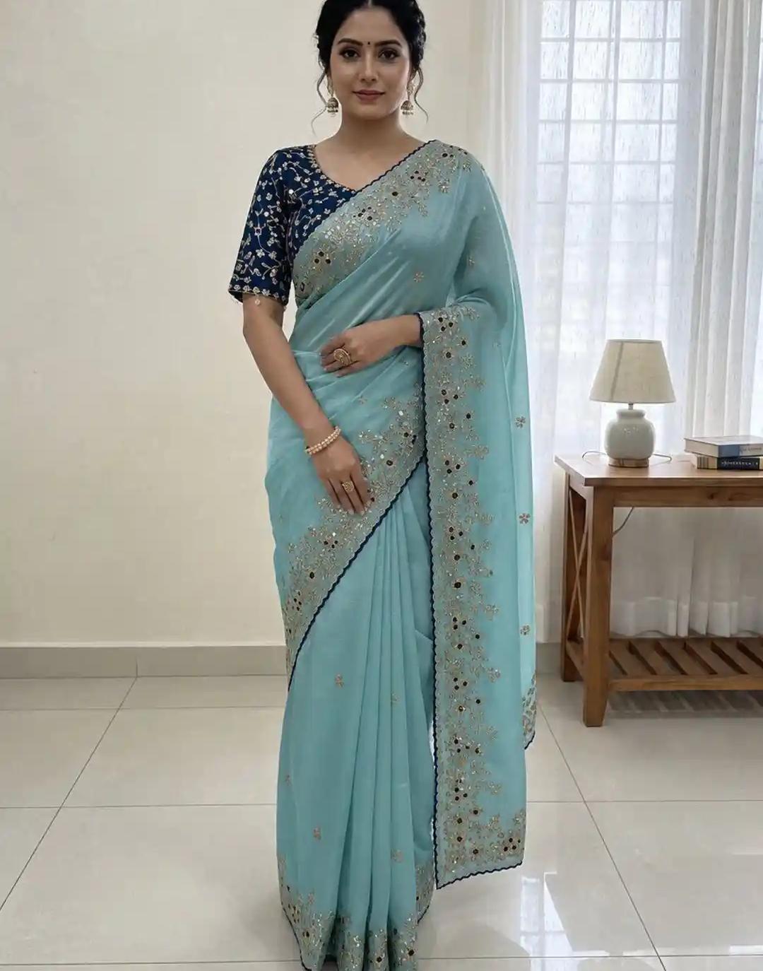 Powder Blue Georgette Saree with Fine Silver Floral Jaal and Scalloped Border